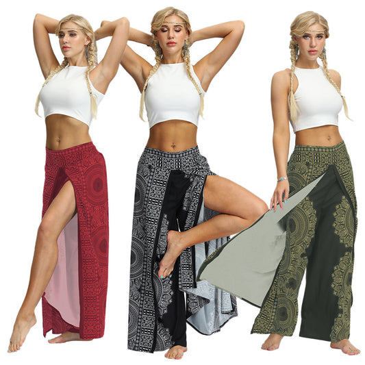 Ethnic Print Loose Slit Wide Leg Pants Women's Fitness Sports Yoga Dance Pants