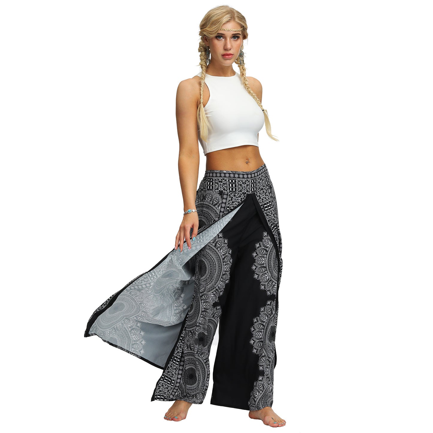 Ethnic Print Loose Slit Wide Leg Pants Women's Fitness Sports Yoga Dance Pants