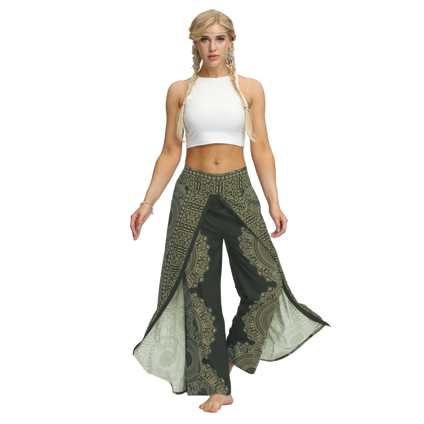 Ethnic Print Loose Slit Wide Leg Pants Women's Fitness Sports Yoga Dance Pants